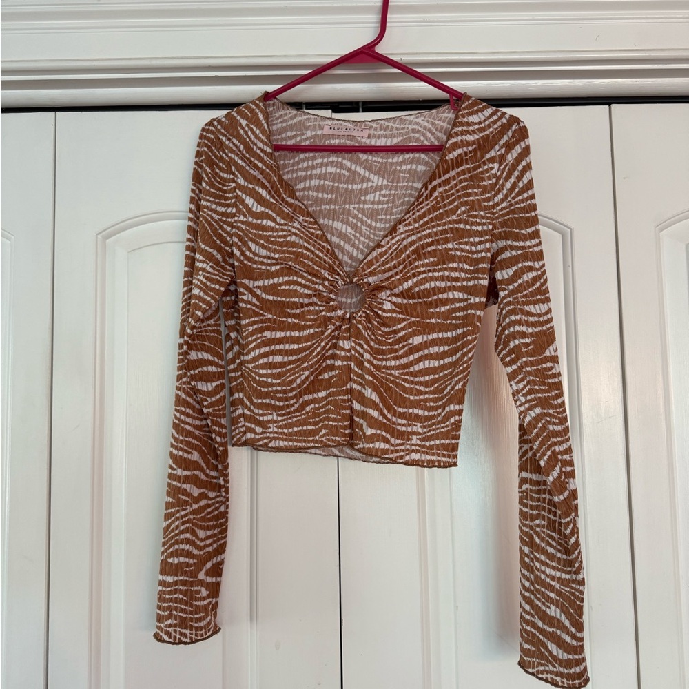 Blue Blush Brown and White Zebra-Print Twist Front Crop Top